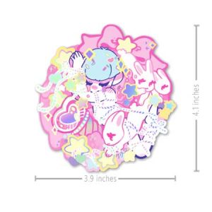 holographic sticker of a anime boy tied up in rope with bunnies around