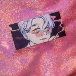 sticker of a handome anime guy smoking a cigarette with holographic glasses