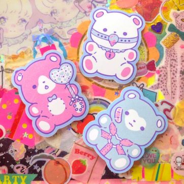 stickers of 3 pastel bears with bdsm gear