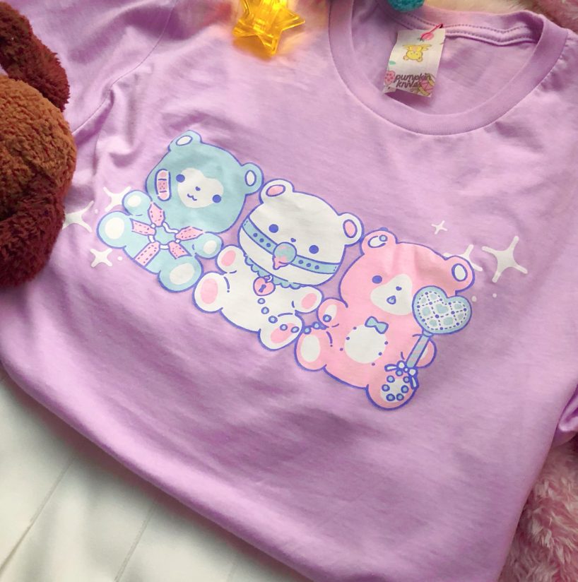 lavander tshirt with 3 pastel teddy bears in bdsm gear