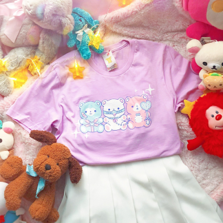 lavander tshirt with 3 pastel teddy bears in bdsm gear