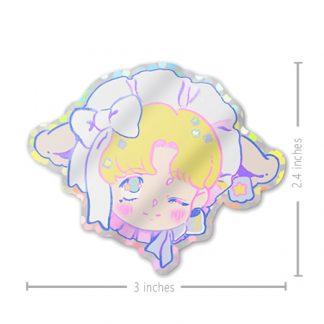 pastel glitter sticker of a cute anime boy with lamb ears and ribbons.