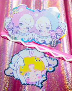 holographic sticker by pumpkinknives featuring pastel twin bears and lamb anime